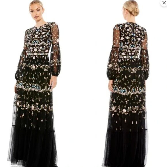 NWT MAC DUGGAL 35111 Embroidered Blouson Long Sleeve Gown Black Floral‎ 16 - Picture 1 of 11